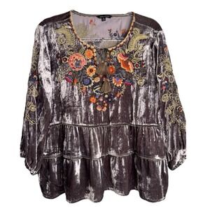 John Mark Womens PL Brown Embroidered Boho Velvet Tunic Top Petite‎ Large